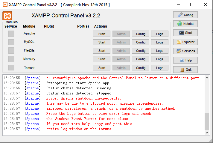 xampp启动错误提示Apache shutdown unexpectedly的解决方法